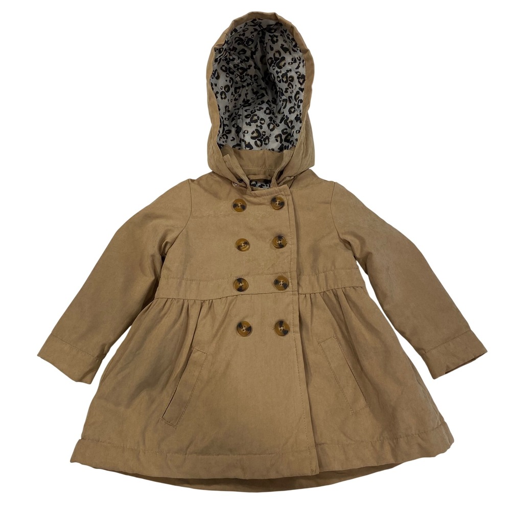 TAHARI Girls Trench Coat Size 18M Tan Leopard Lining Classic Preppy Hooded Fall